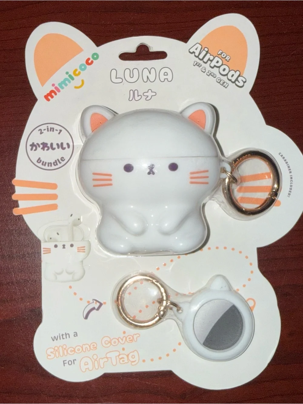 MIMI & COCO White & Peach Cat AirPods Case with Matching AirTag Silicone Cover